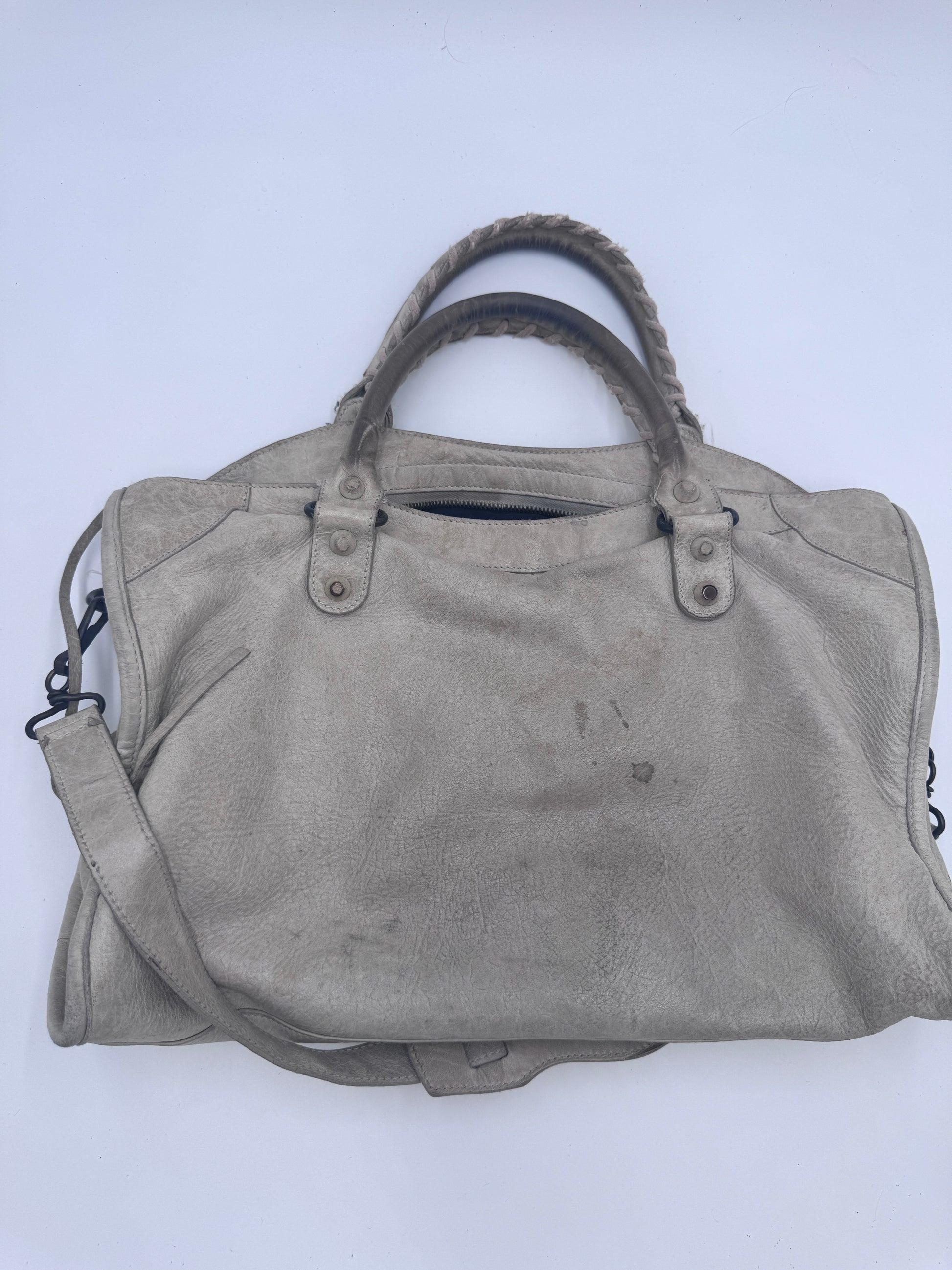 Rückseite der Balenciaga The City Schultertasche, beigen Leder