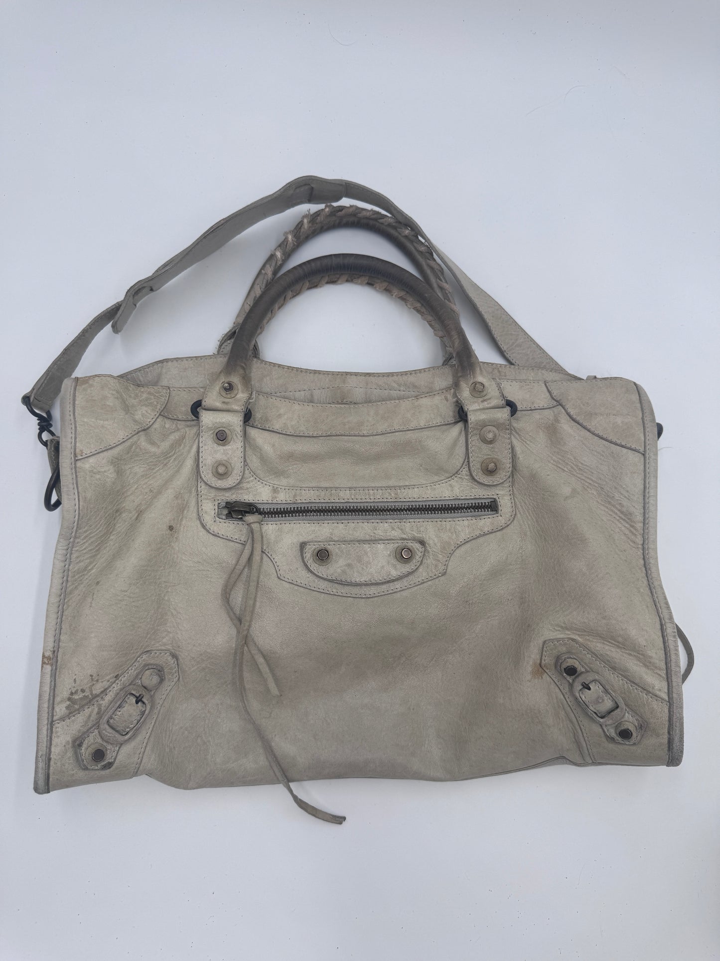 Gesamtansicht der Balenciaga The City Schultertasche aus beige Leder, Medium