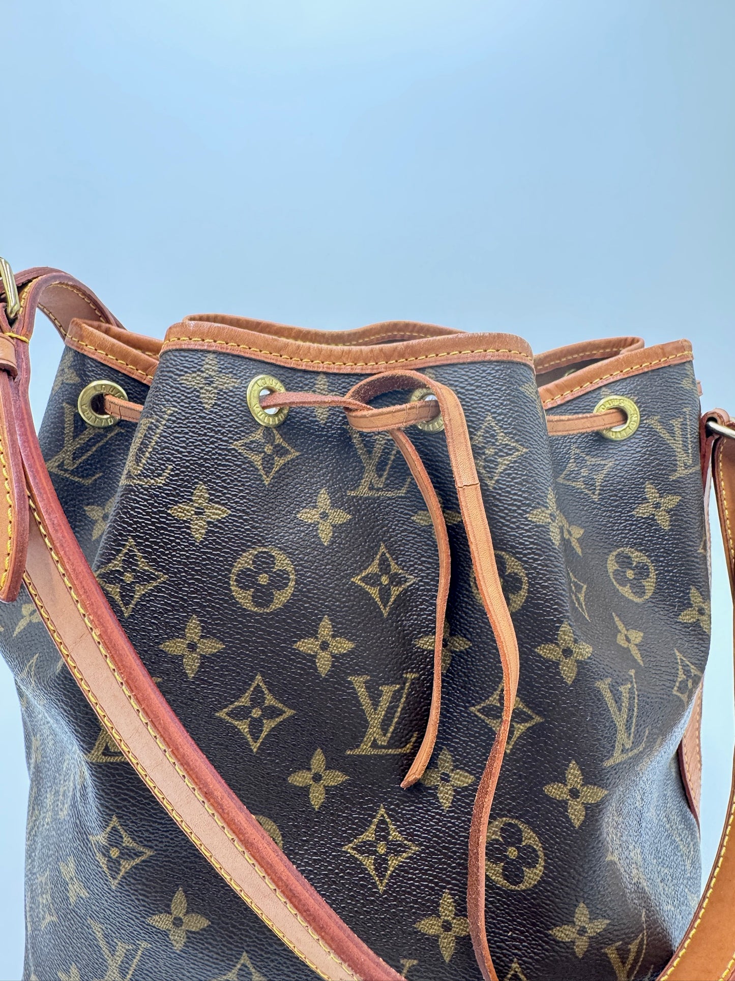 Exklusive Ansicht von Details der secondhand Louis Vuitton Petite Noe (Beuteltasche).