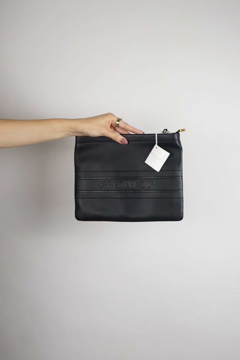 Dior Stripe Zip Pouch - Black Calfskin