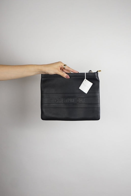 Dior Stripe Zip Pouch - Black Calfskin