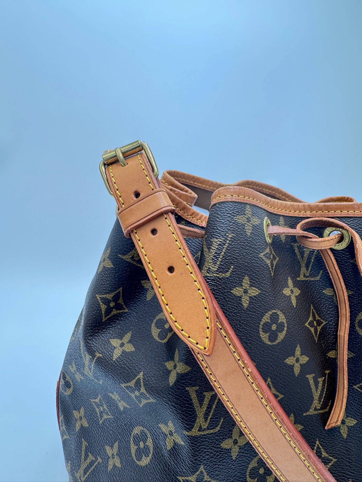 Metallelemente der Louis Vuitton Petite Noe (monogram), hochwertig verarbeitet.