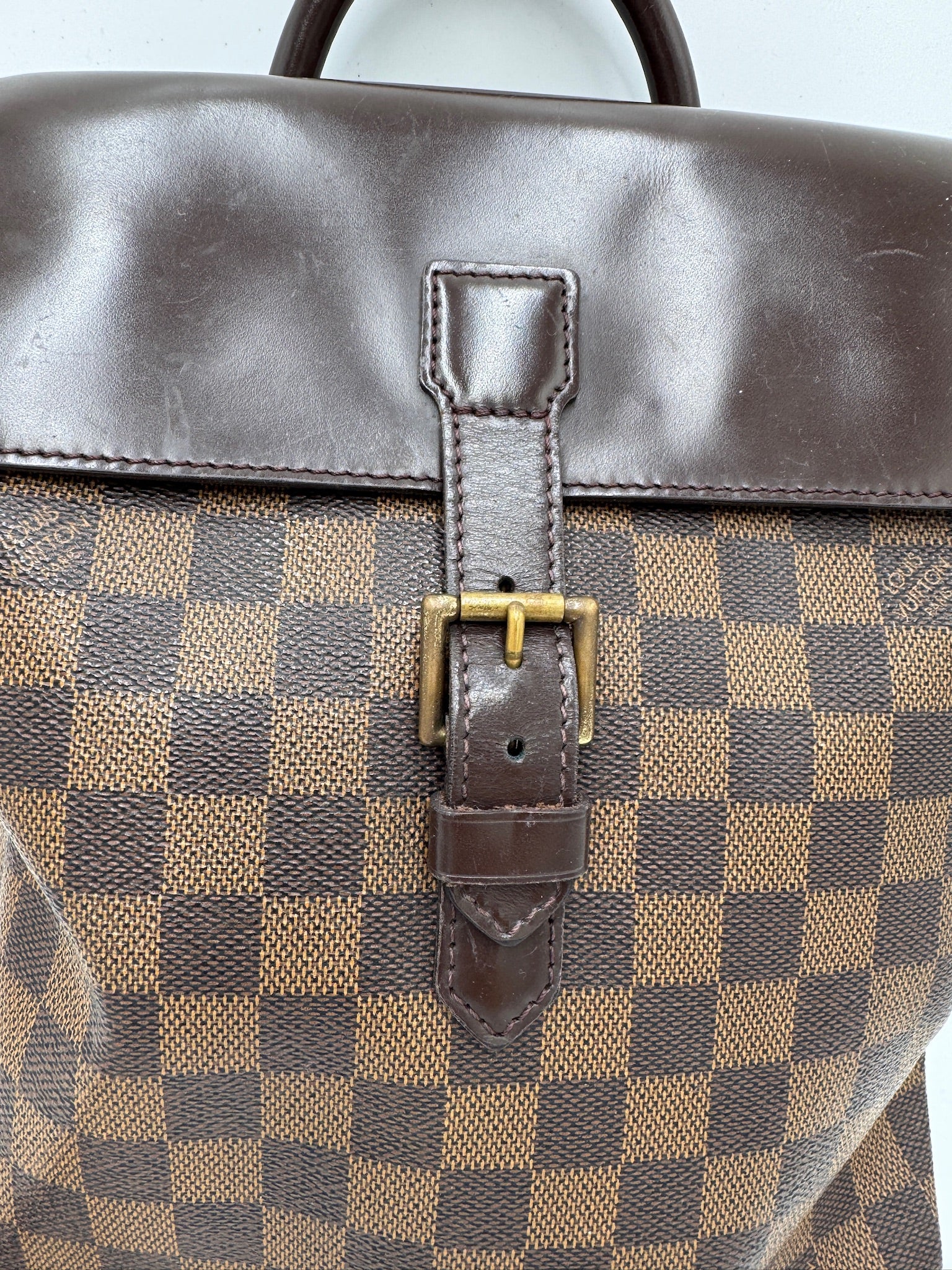 Hardware-Detailansicht der pre-owned Louis Vuitton Rucksack – glänzend in Szene gesetzt.
