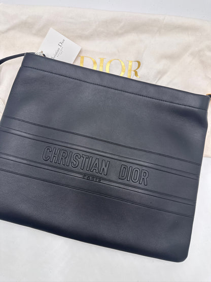 Dior Stripe Zip Pouch - Black Calfskin